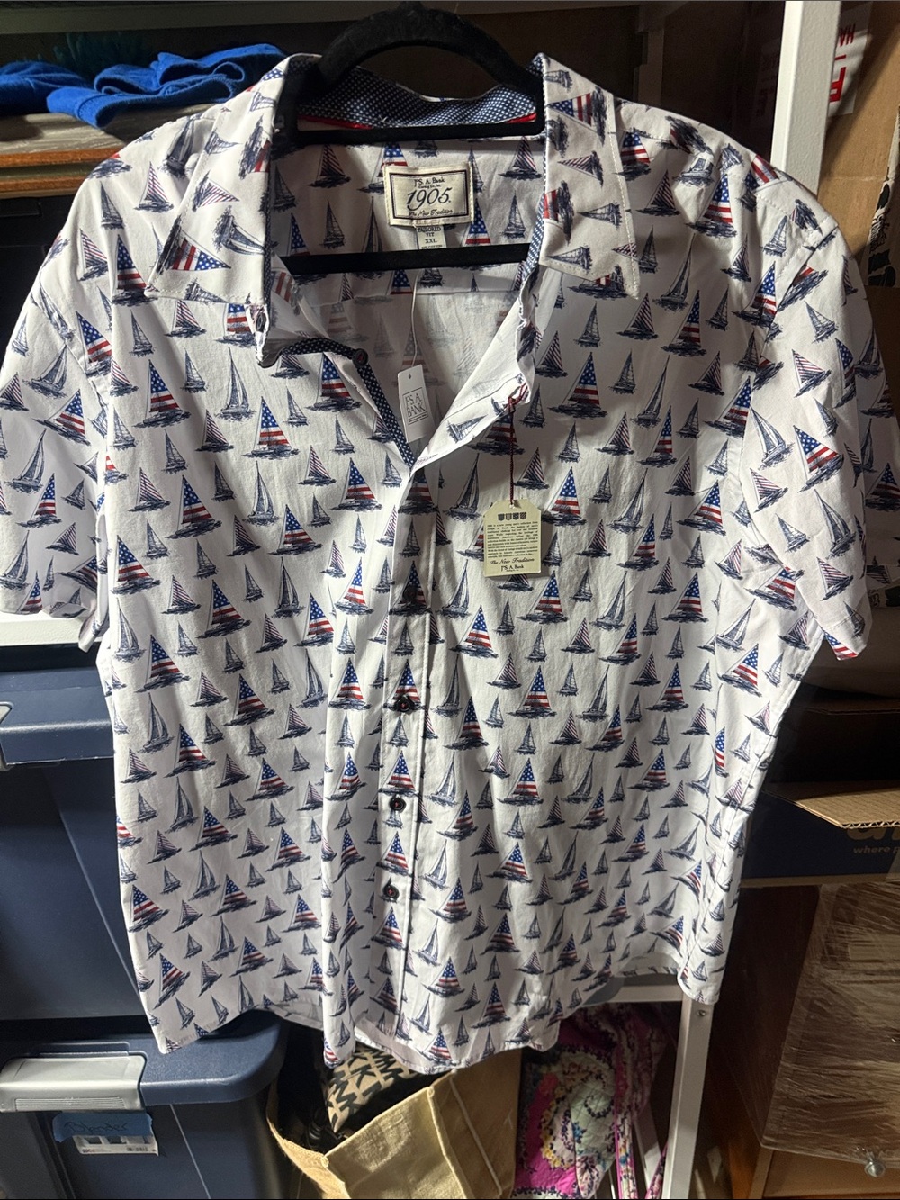 Jos. A. Bank White Short-Sleeve Button-Down with Red & Blue Sailboat Print